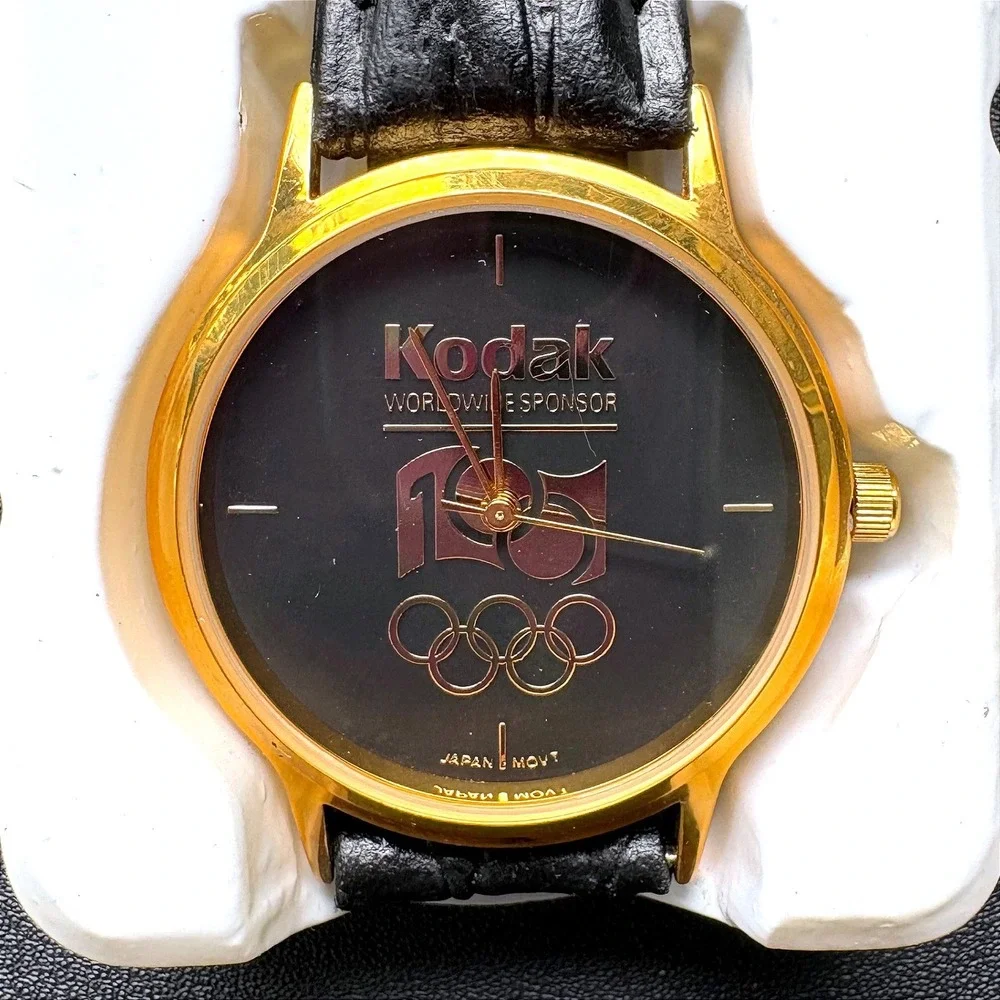 Vintage Kodak 1996 Centennial Olympic Games Watch Black Gold Leather Boxed